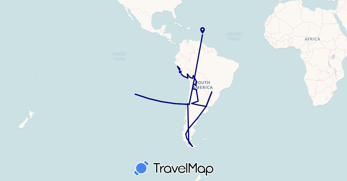 TravelMap itinerary: driving in Argentina, Bolivia, Chile, Martinique, Peru (North America, South America)
